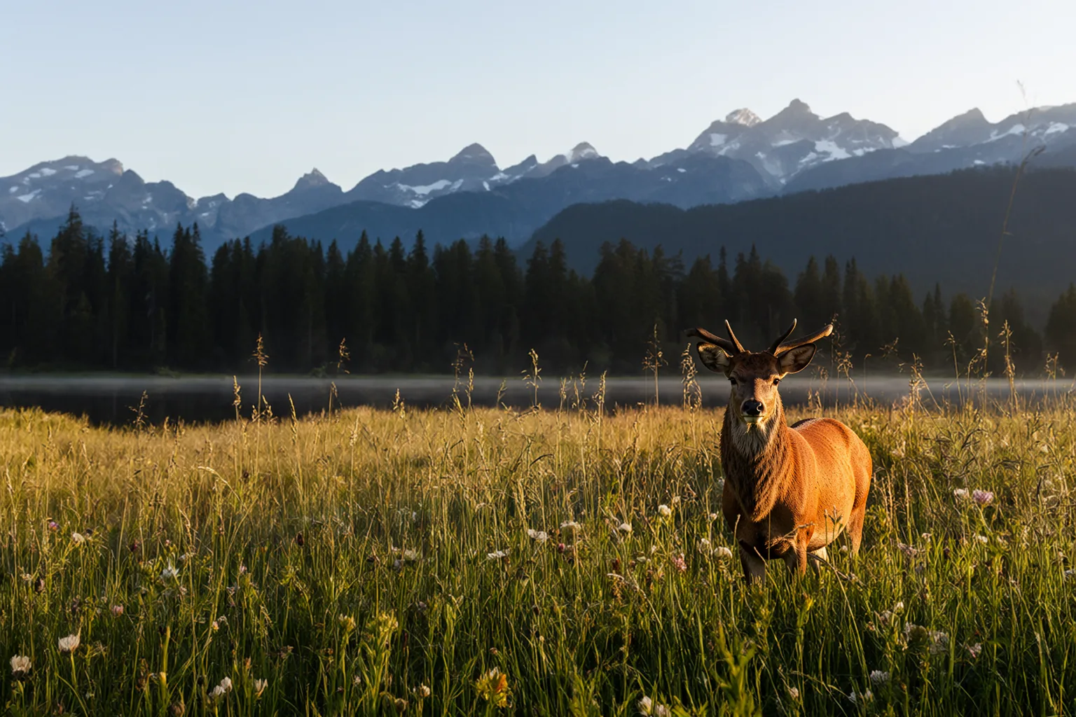 After: a stag stands in the grass on the right, lit by the same morning light