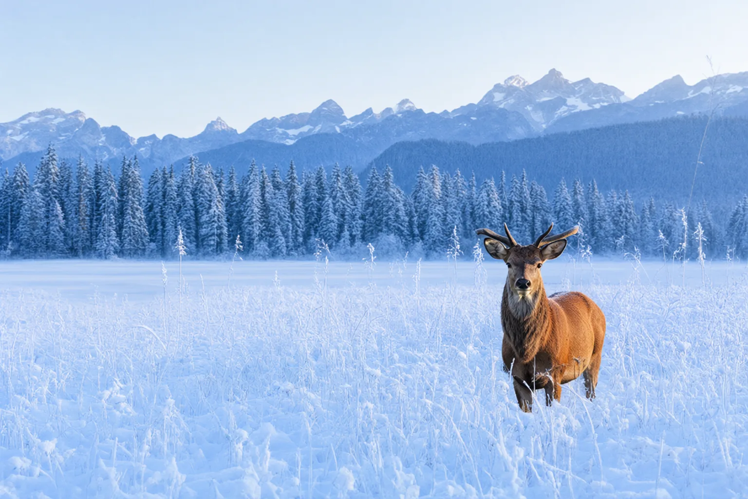 After: the same stag and composition in deep snow, with frosted trees and a frozen lake